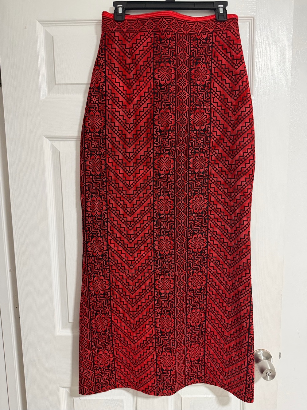 Red Patterned Maxi Skirt with Black Geometric Design